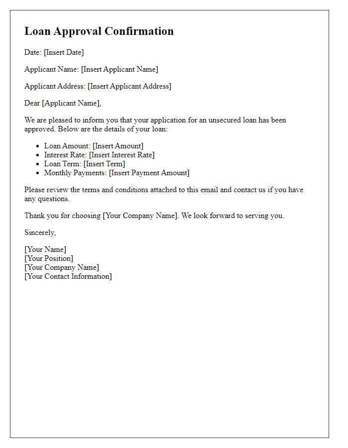 Letter template of loan approval confirmation for unsecured loans