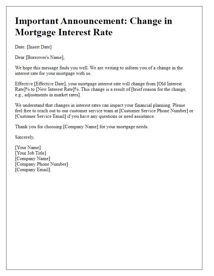 Letter template of mortgage interest rate change announcement