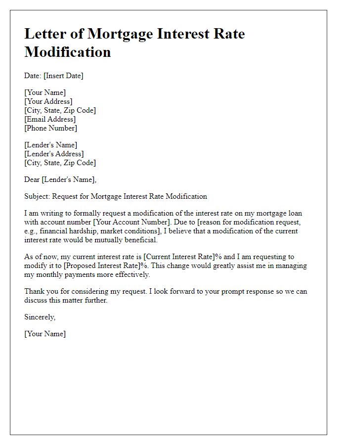 Letter template of mortgage interest rate modification