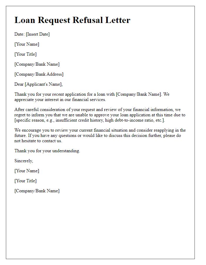 Letter template of refusal of loan request