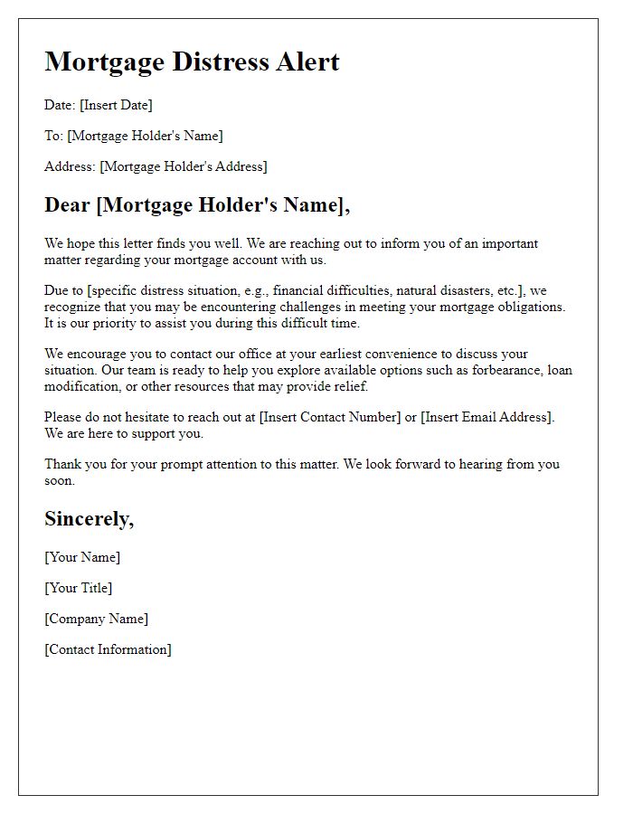 Letter template of distress alert for mortgage holders