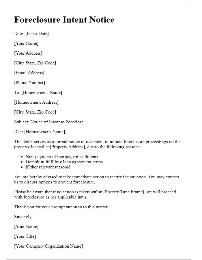 Letter template of foreclosure intent notice