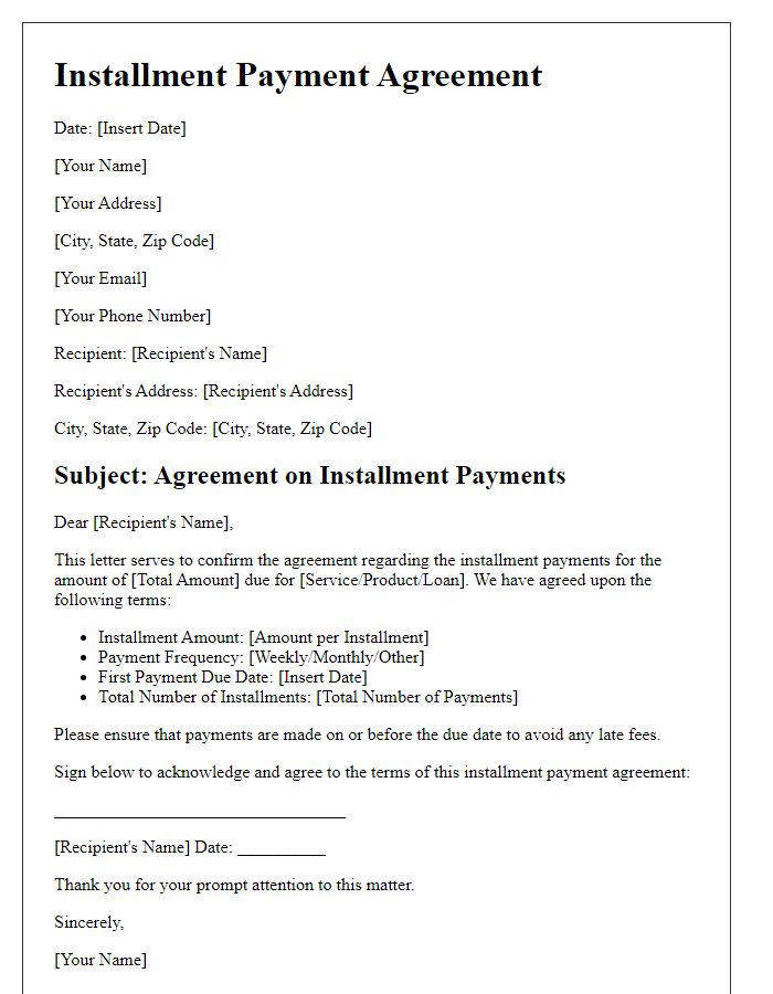 Letter template of agreed installment payments