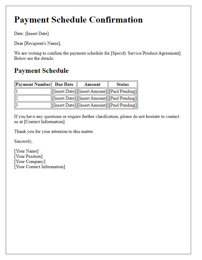 Letter template of payment schedule confirmation