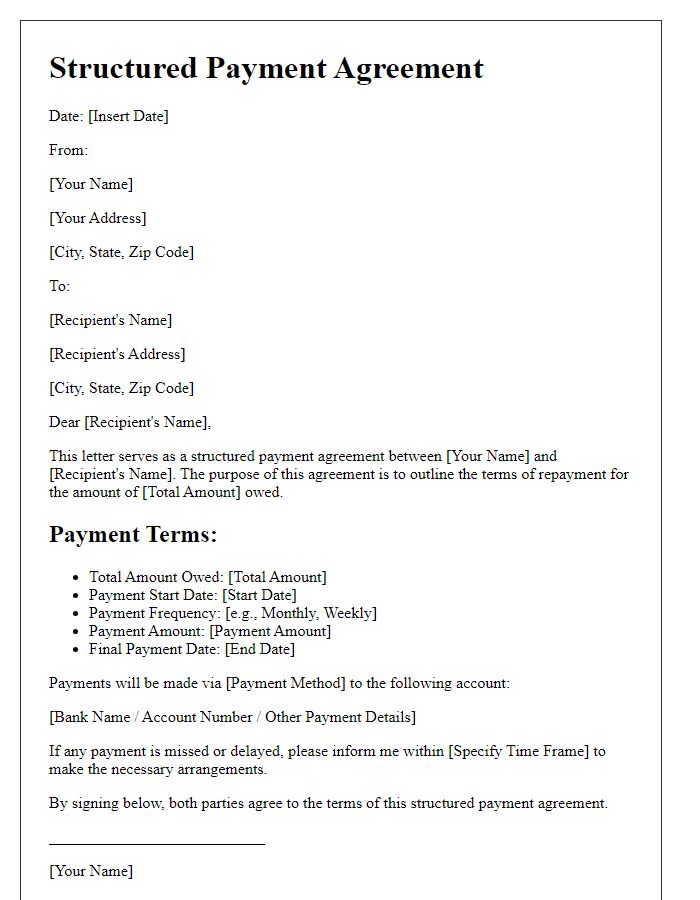 Letter template of structured payment agreement