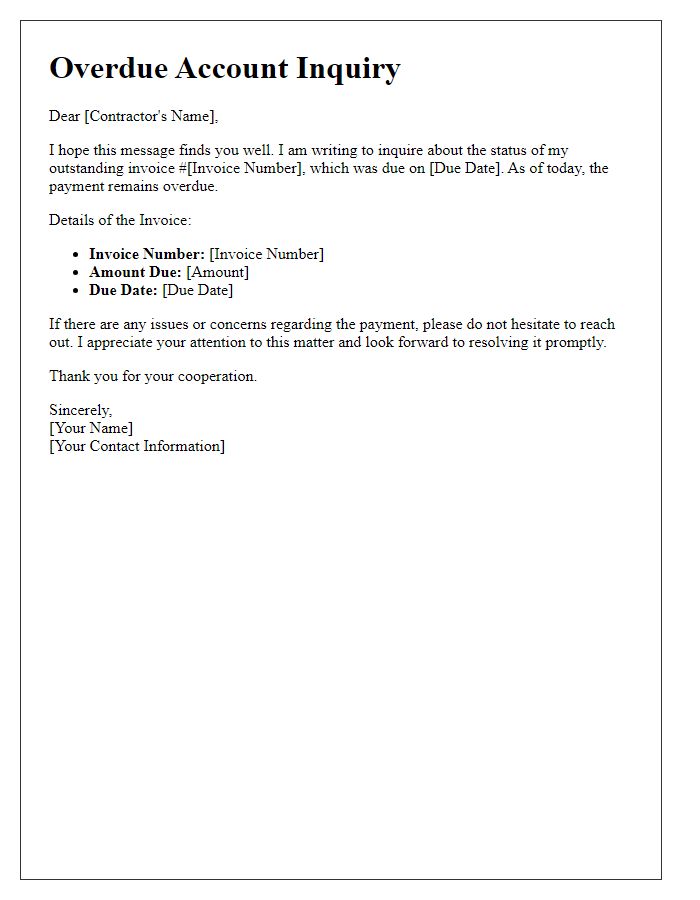 Letter template of overdue account inquiry for freelance contractors.