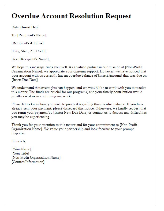 Letter template of overdue account resolution request for non-profits.