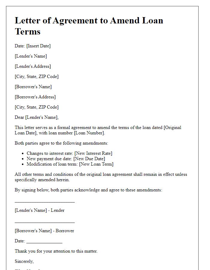 Letter template of agreement to amend loan terms