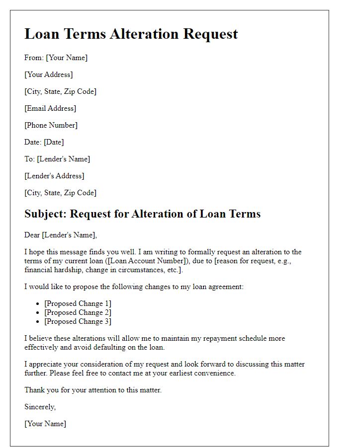 Letter template of loan terms alteration