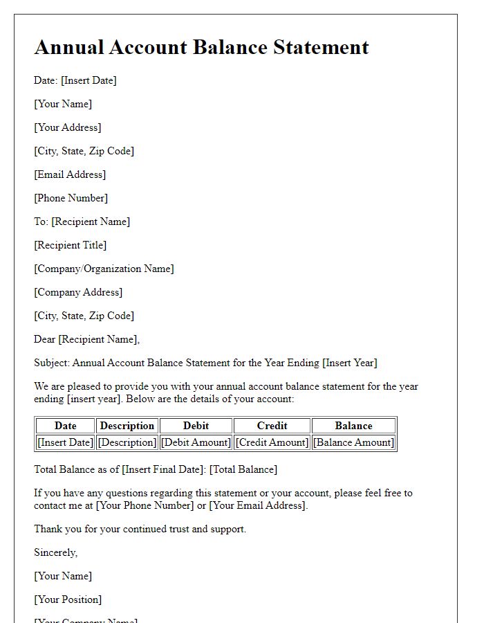 Letter template of annual account balance statement