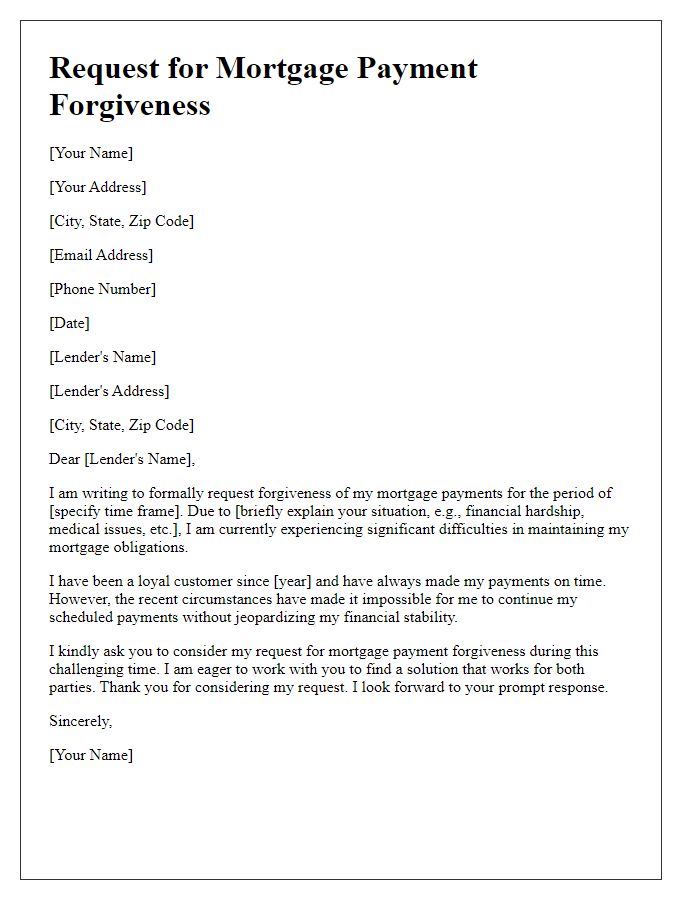 Letter template of mortgage payment forgiveness request