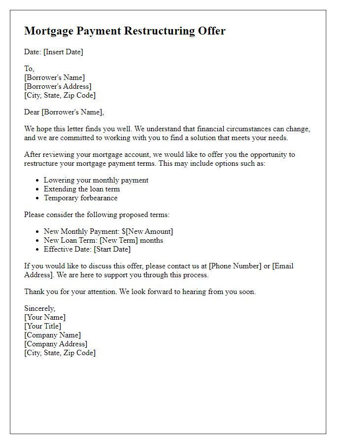 Letter template of mortgage payment restructuring offer