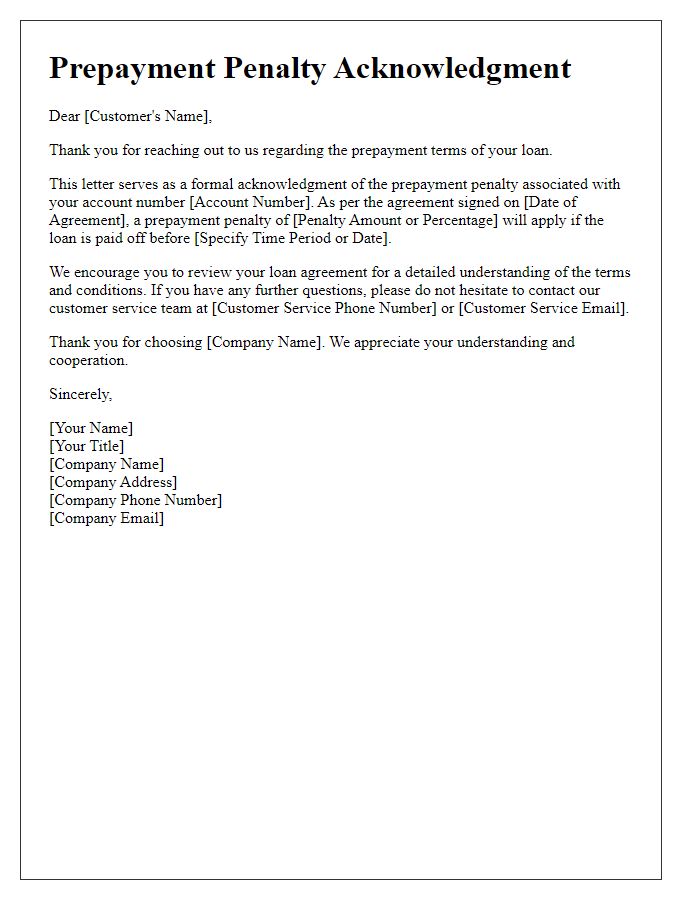 Letter template of prepayment penalty acknowledgment for customer service.