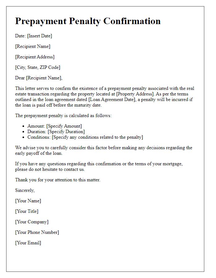 Letter template of prepayment penalty confirmation for real estate transactions.