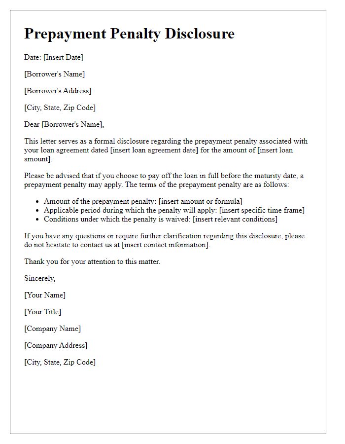 Letter template of prepayment penalty disclosure for loan agreements.