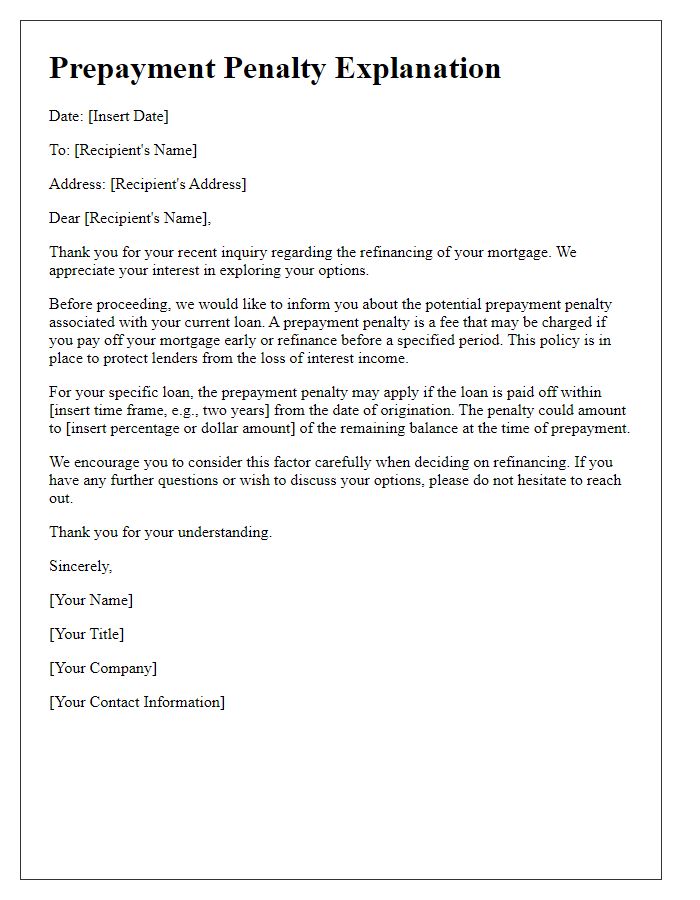 Letter template of prepayment penalty explanation for refinancing inquiries.