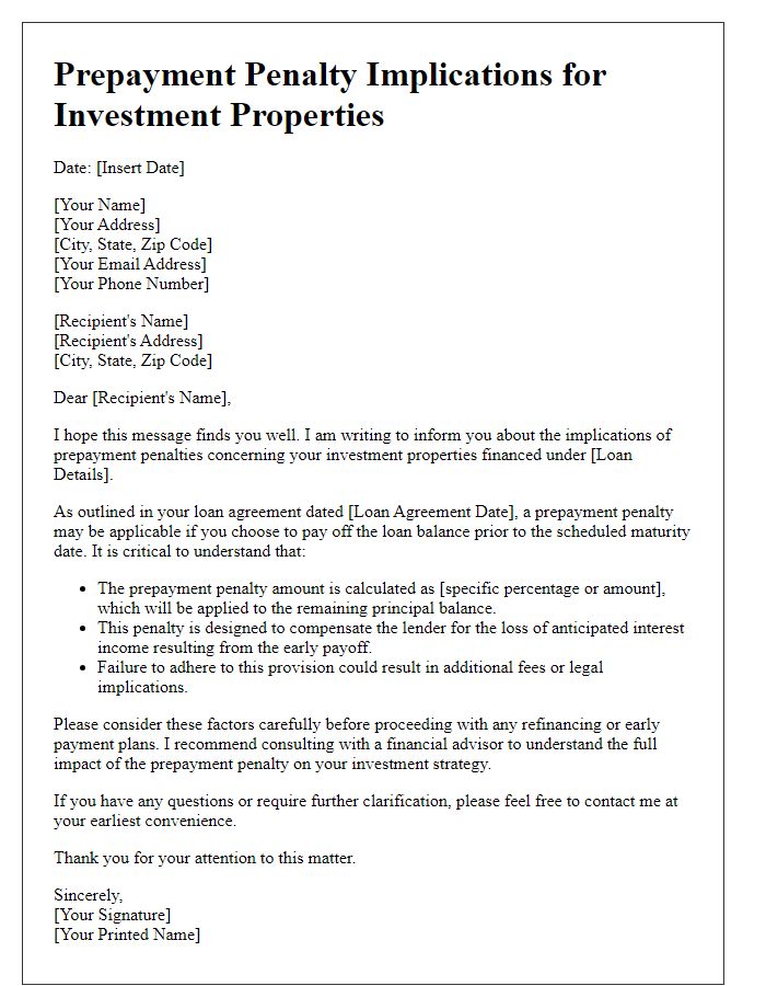 Letter template of prepayment penalty implications for investment properties.