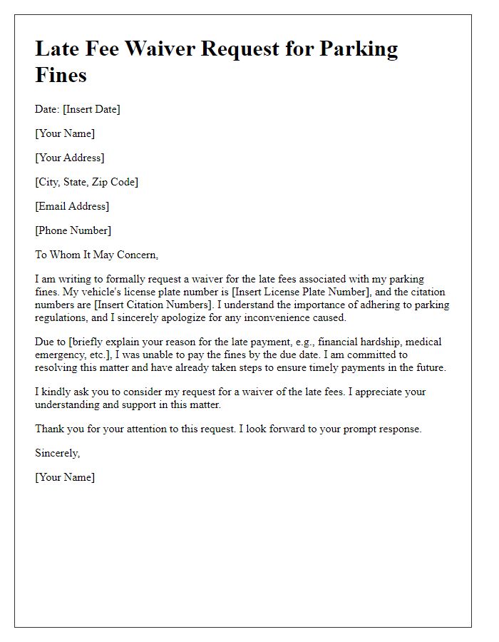 Letter template of late fee waiver request for parking fines