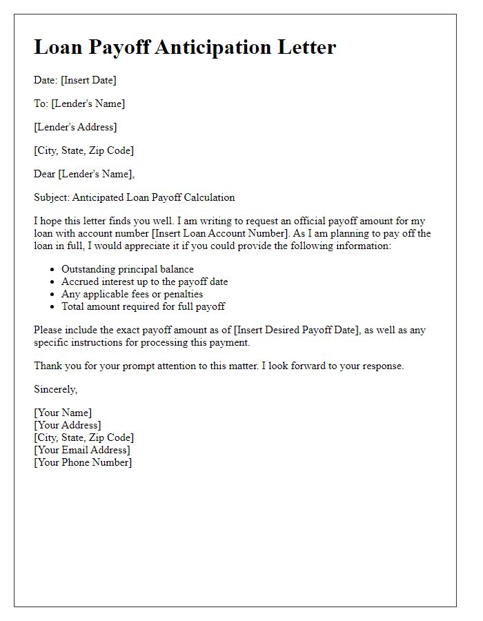 Letter template of anticipated loan payoff calculation