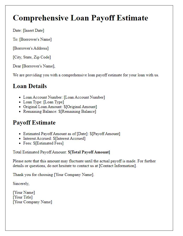 Letter template of comprehensive loan payoff estimate