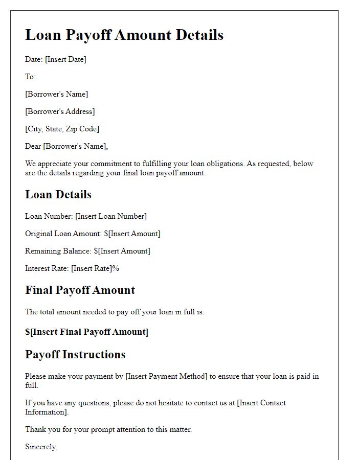 Letter template of final loan payoff amount details