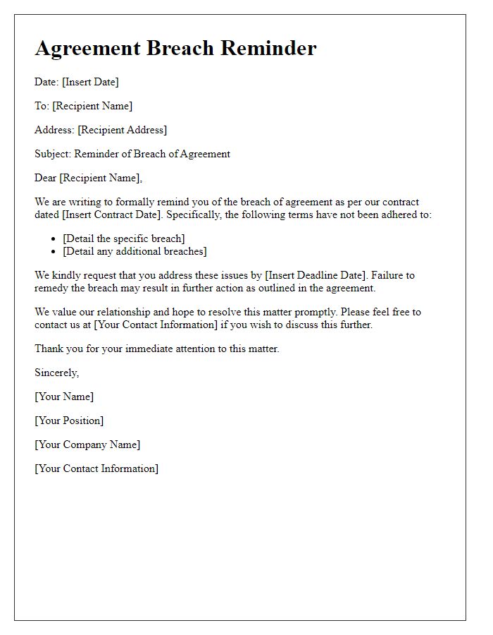 Letter template of Agreement Breach Reminder