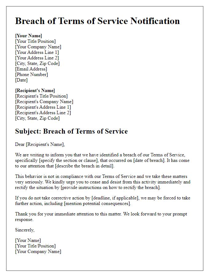 Letter template of Breach of Terms of Service Letter