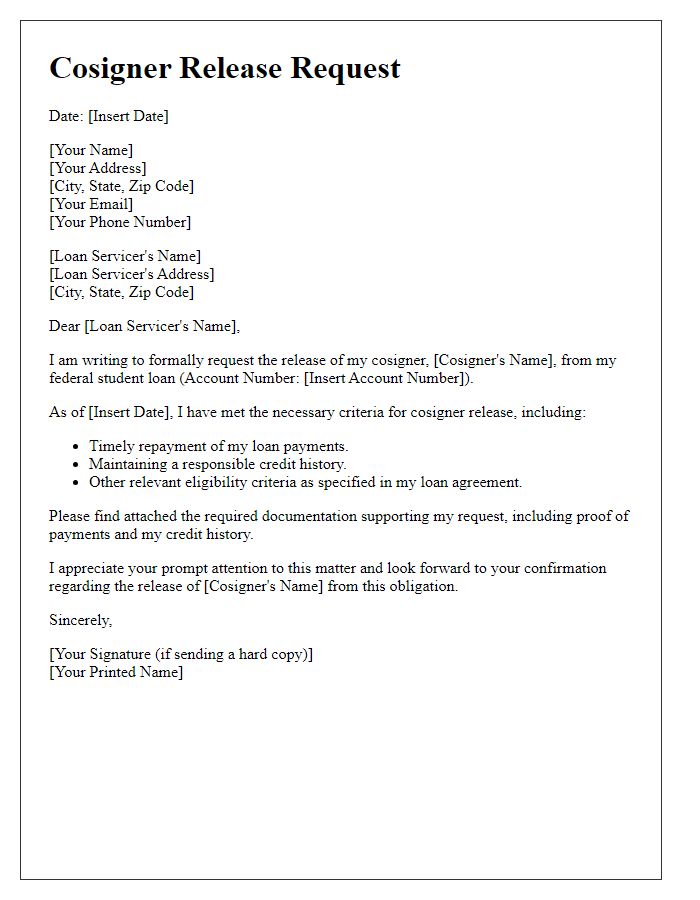 Letter template of cosigner release request for federal loans.