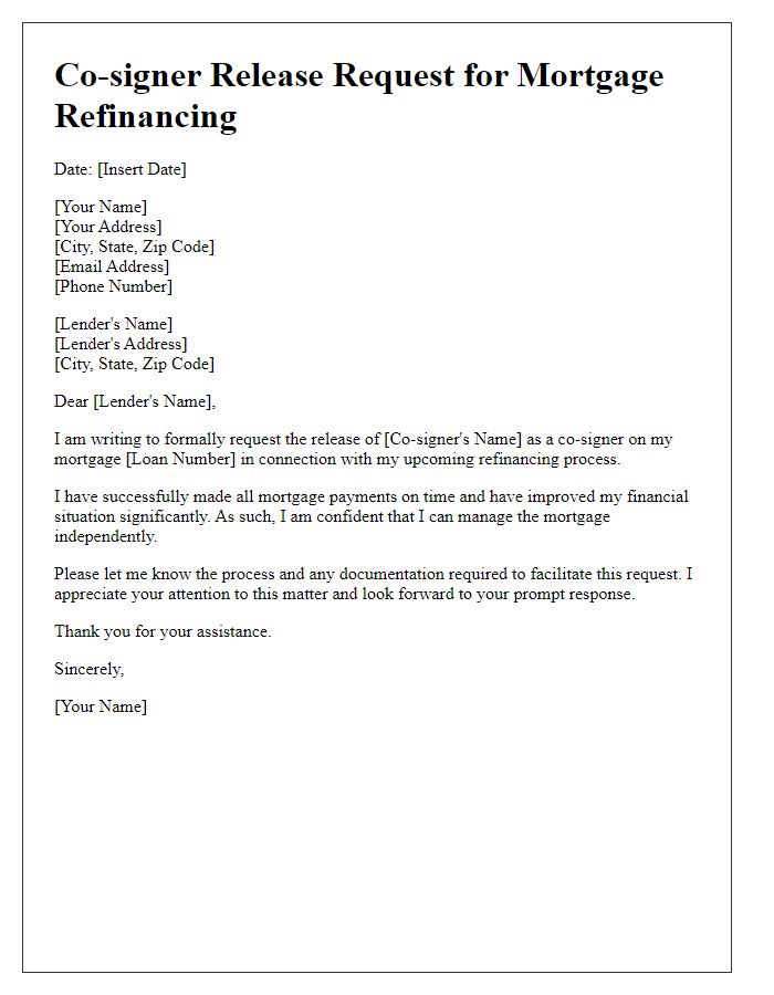 Letter template of cosigner release request for mortgage refinancing.