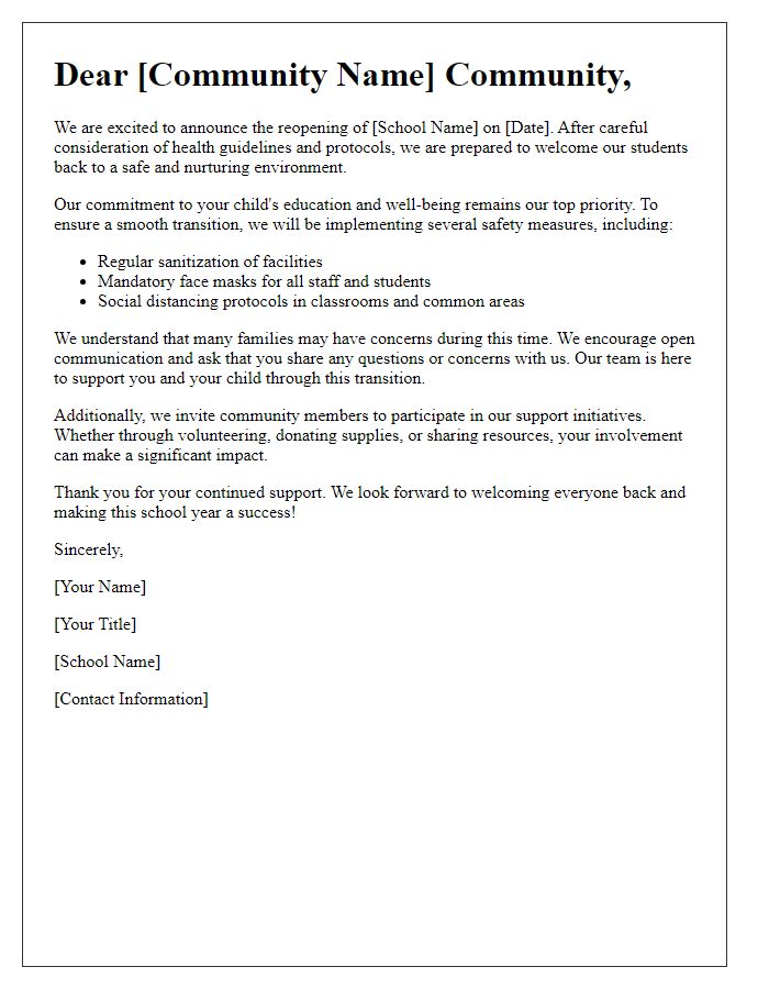 Letter template of school reopening and community support.