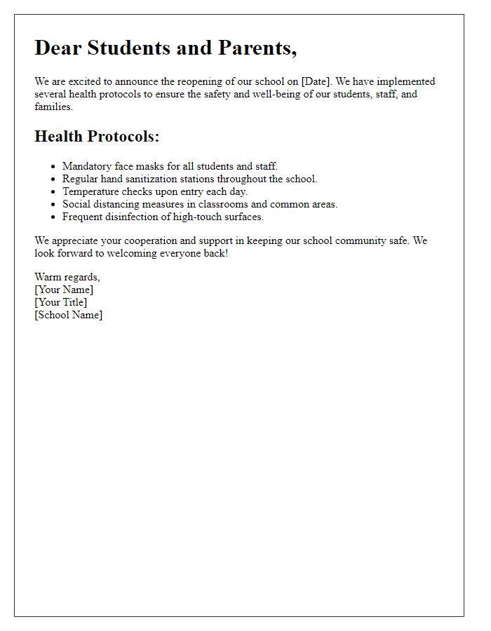 Letter template of school reopening with health protocols.