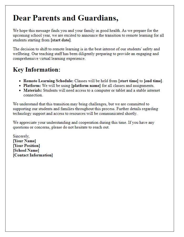 Letter template of school reopening for remote learning transition.