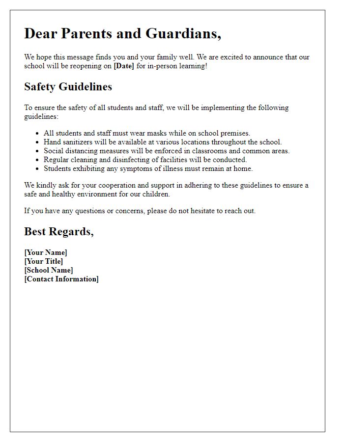 Letter template of school reopening with safety guidelines.