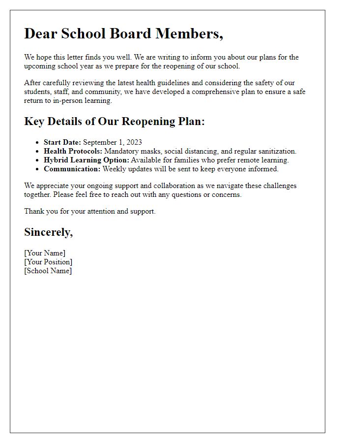 Letter template of school reopening for school board communication.