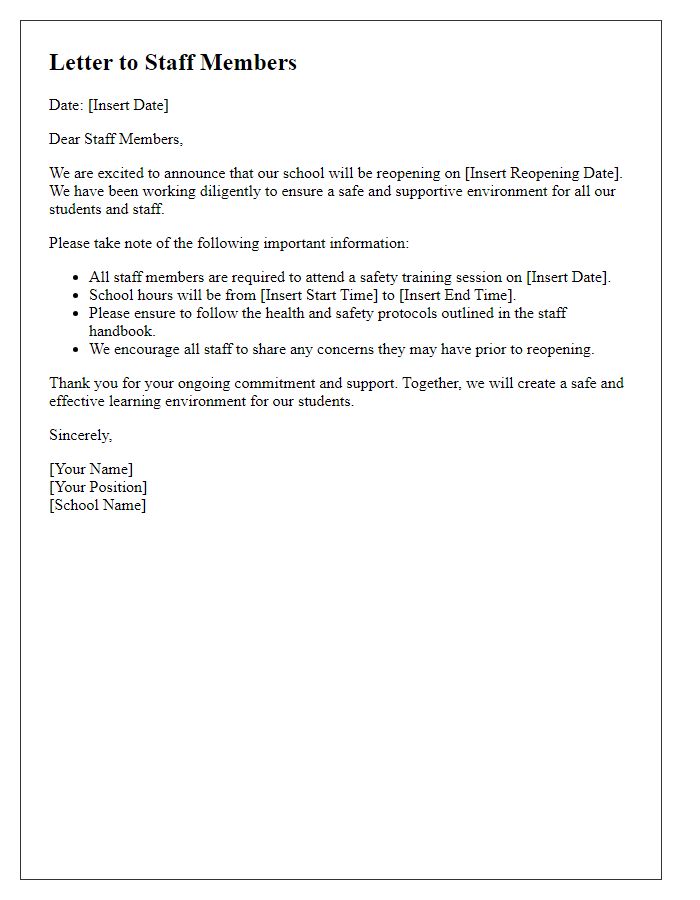 Letter template of school reopening for staff members.