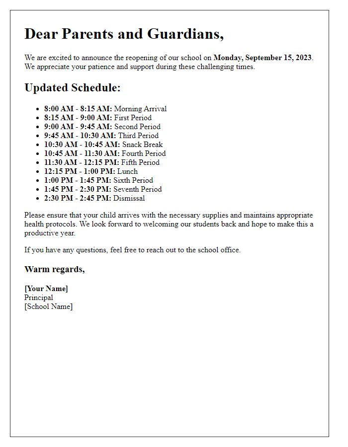 Letter template of school reopening with updated schedule.