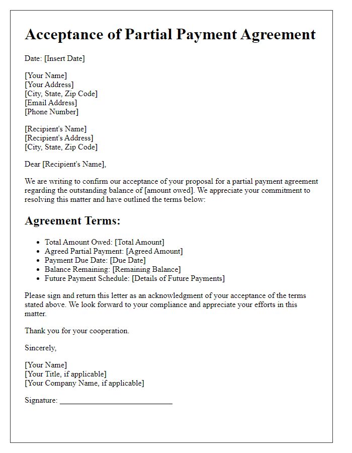 Letter template of Acceptance for Partial Payment Agreement