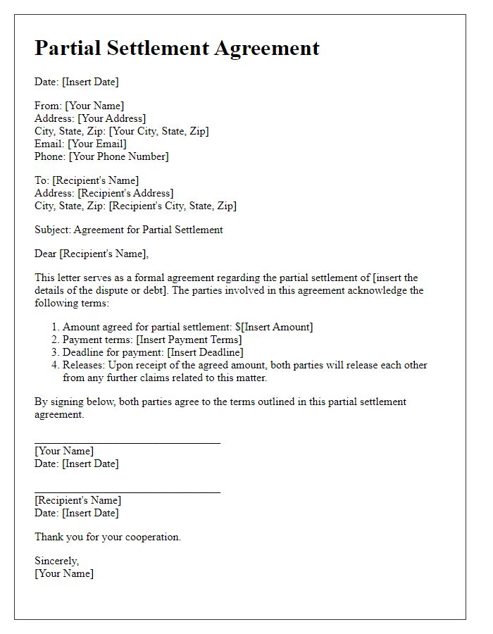 Letter template of Agreement for Partial Settlement