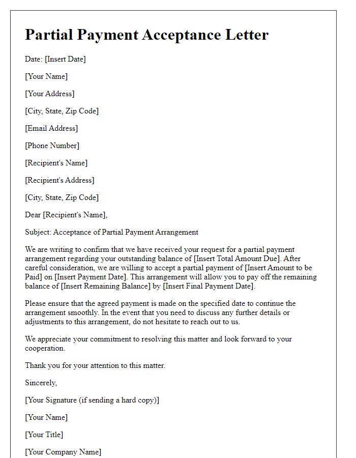 Letter template of Arrangement for Partial Payment Acceptance