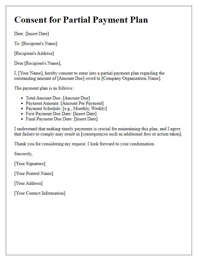 Letter template of Consent for Partial Payment Plan