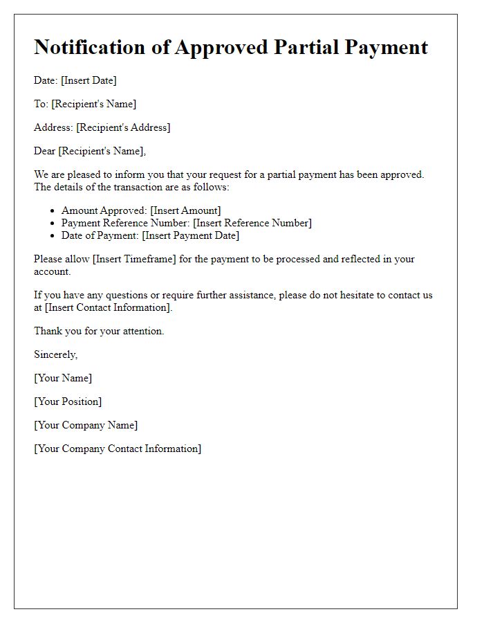 Letter template of Notification for Approved Partial Payment