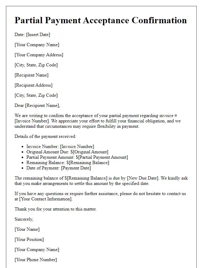 Letter template of Partial Payment Acceptance Confirmation