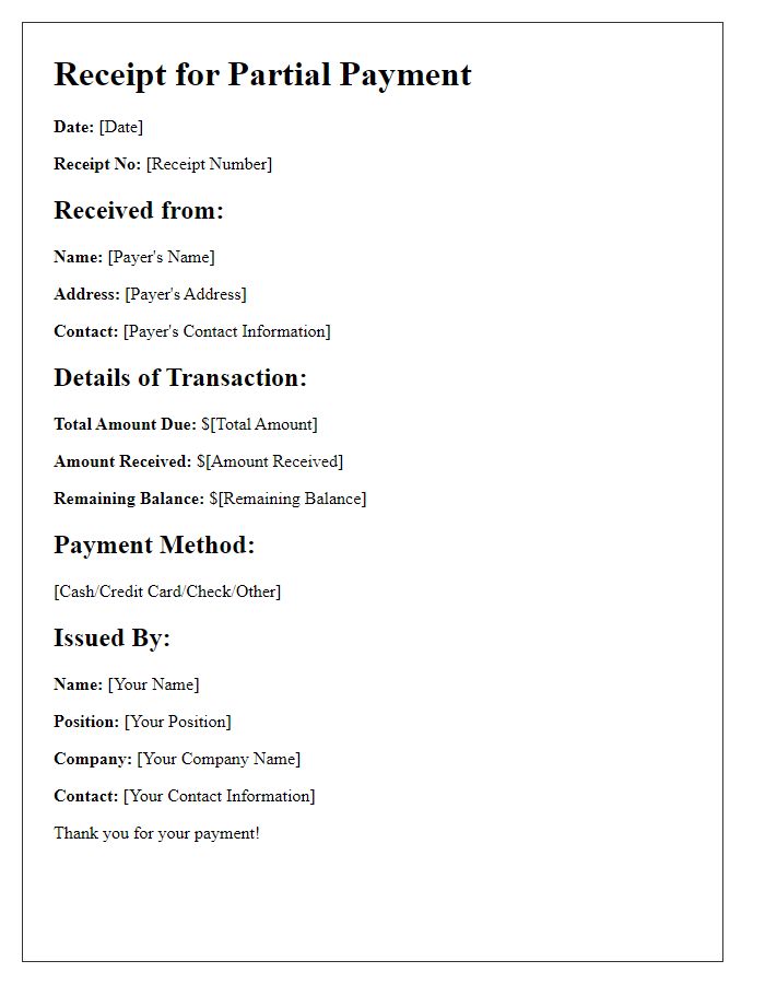 Letter template of Receipt for Partial Payment