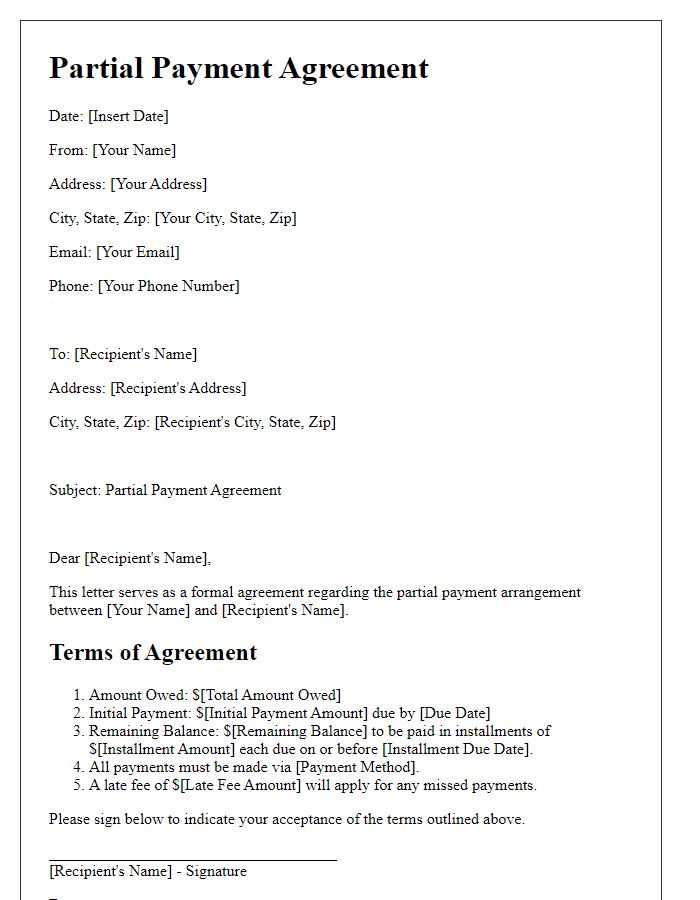 Letter template of Terms for Partial Payment Agreement