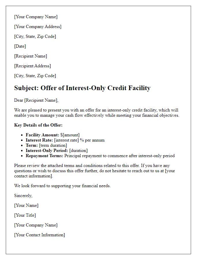 Letter template of interest-only credit facility offer