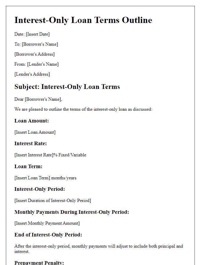 Letter template of interest-only loan terms outline