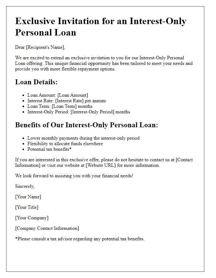 Letter template of interest-only personal loan invitation