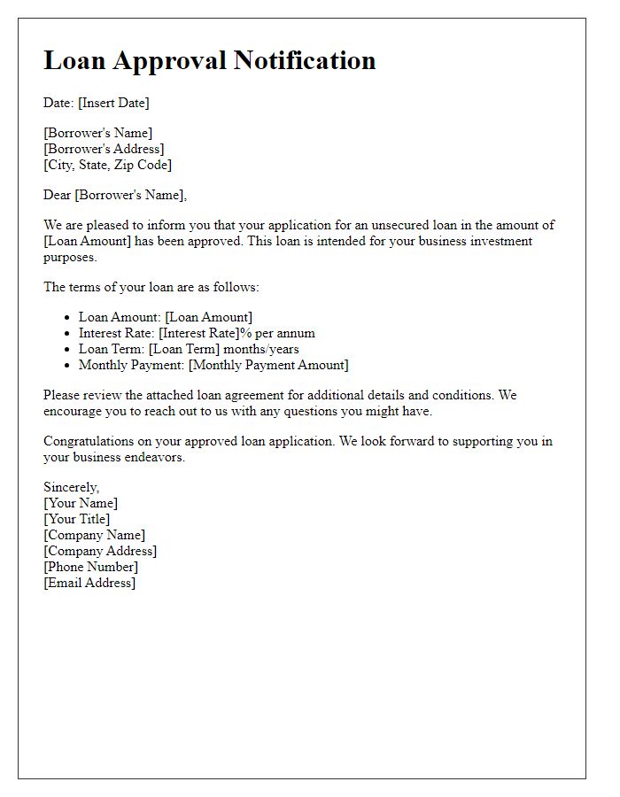 Letter template of unsecured loan approval for business investment.