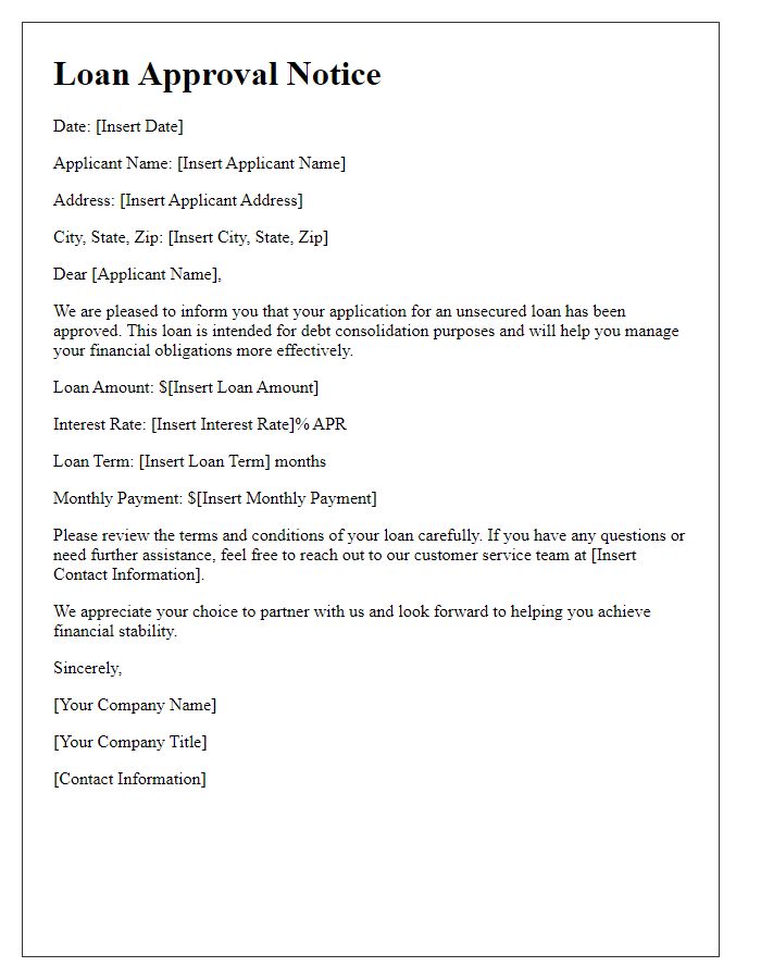 Letter template of unsecured loan approval for debt consolidation.