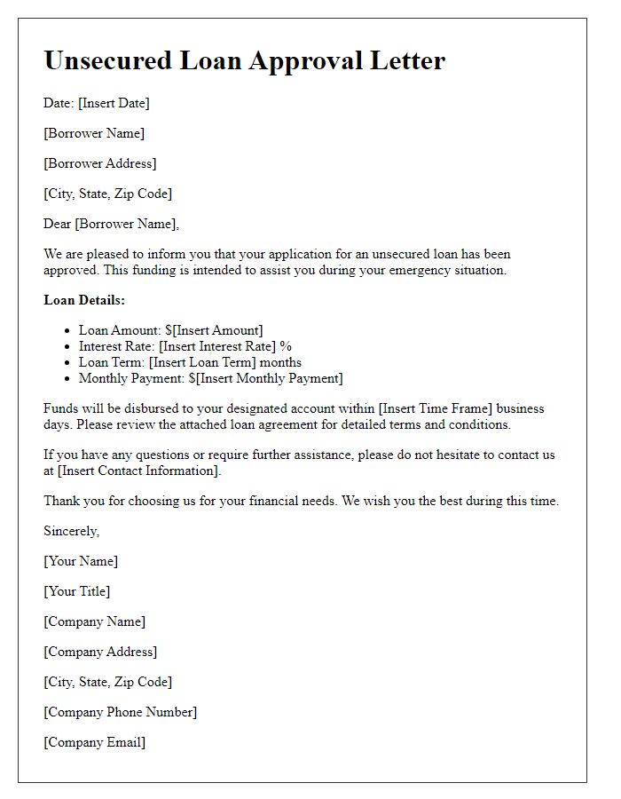 Letter template of unsecured loan approval for emergency funding.